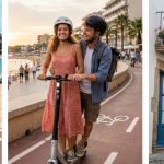 Galeria de fotos d'una interfície d'usuari, titulada 'Detalls de l'adjunt'. Mostra tres escenes de persones en patinet elèctric: una dona sola, una parella jove, i un home amb vestit, totes amb casc. Inclou un botó per 'Edita la Imatge'.