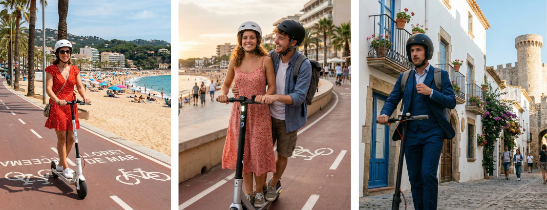 Galeria de fotos d'una interfície d'usuari, titulada 'Detalls de l'adjunt'. Mostra tres escenes de persones en patinet elèctric: una dona sola, una parella jove, i un home amb vestit, totes amb casc. Inclou un botó per 'Edita la Imatge'.